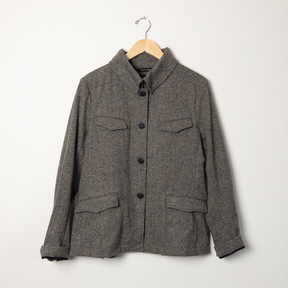 Rag & Bone Wool Blend Grey Brown Tweed Military Blazer Jacket Size 10